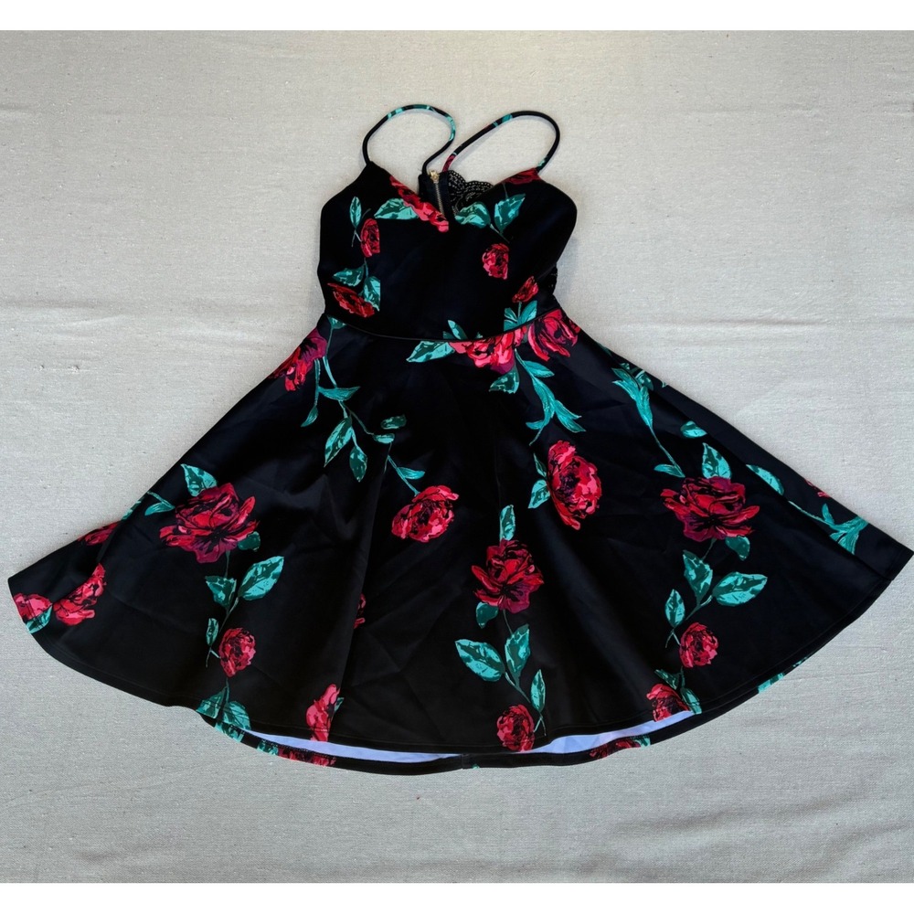 Jodi Kristopher Floral Skater Dress Womens 5 Black Red Excellent Lace Back 7202